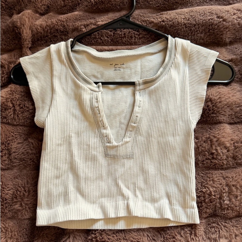 Urban Outfitters Cream Ribbed Notch-Neck Crop Top
